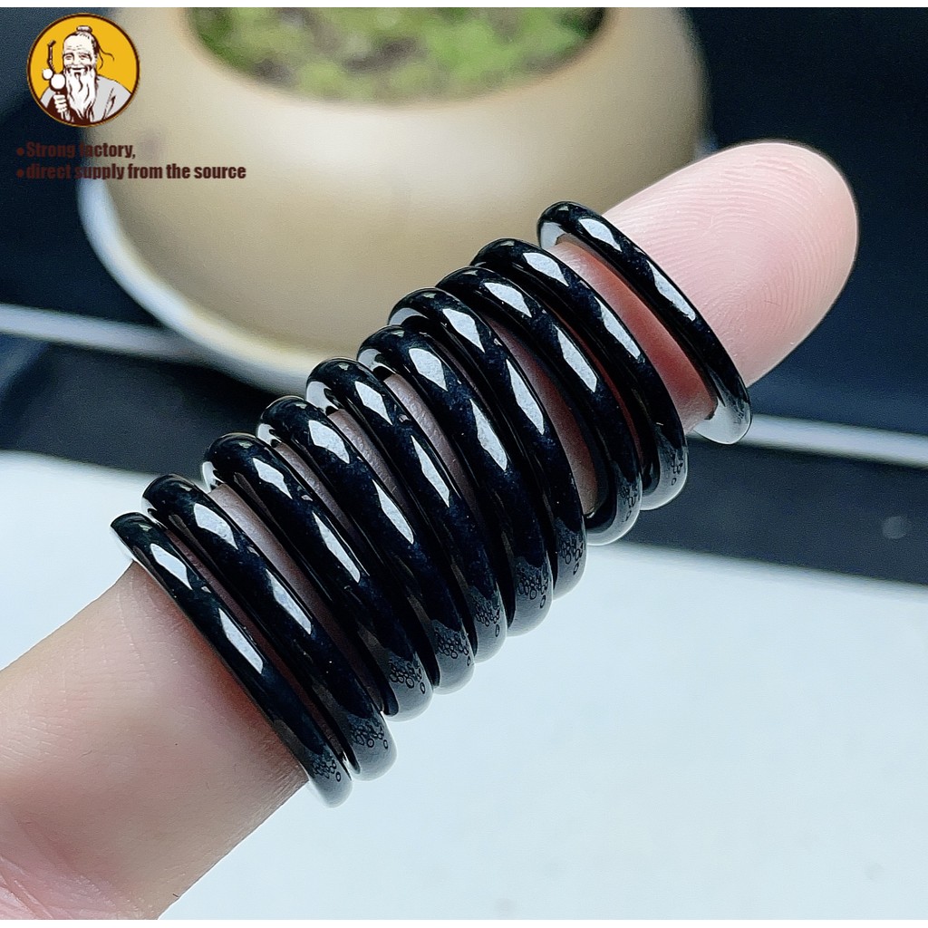 Giok alami Cincin giok tinta hitam ukuran besar cincin tepi tipis strip tipis karakteristik cincin g