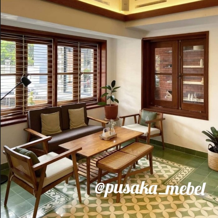 set meja kursi tamu minimalis jengki, kursi tamu kayu kombinasi rotan