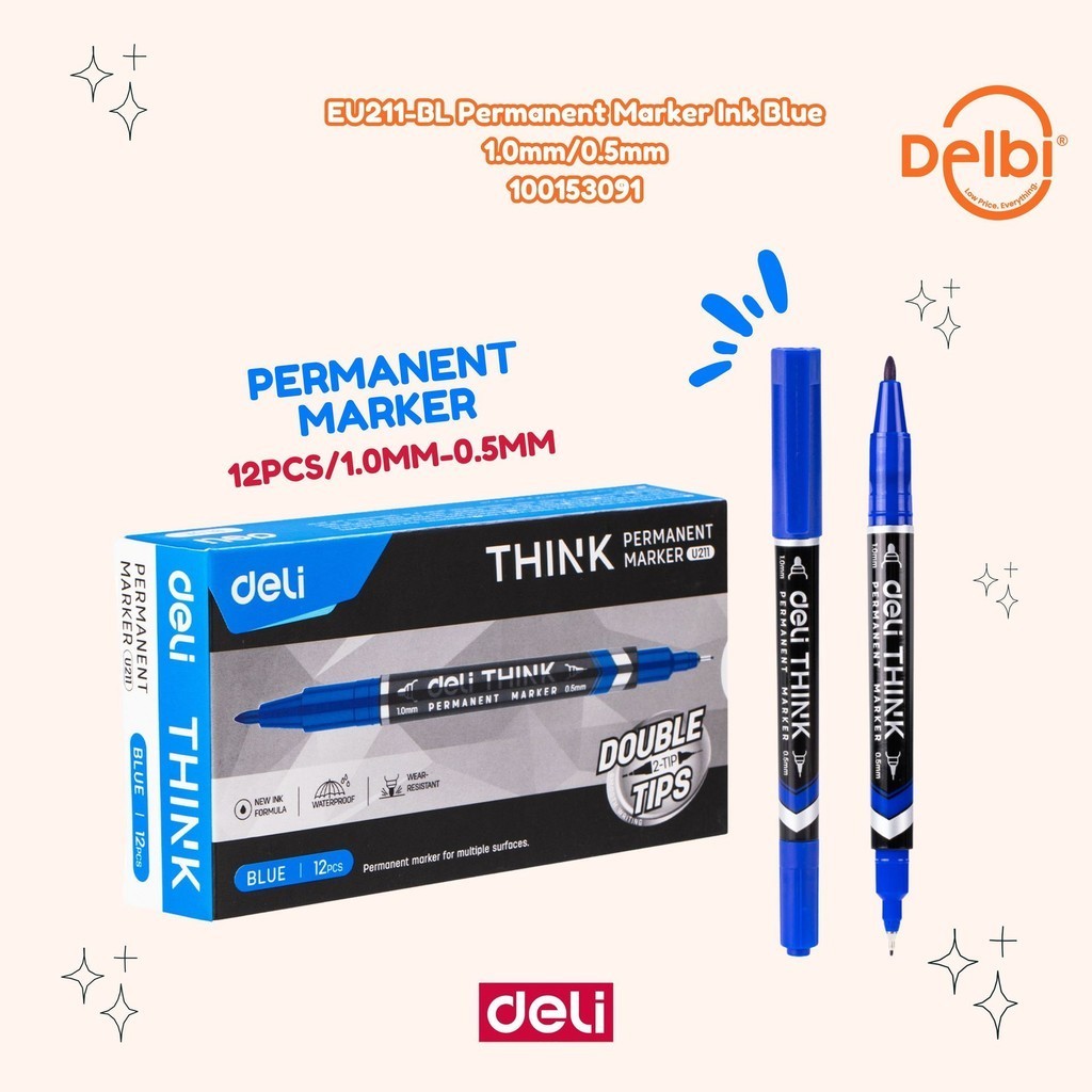 

Spidol Deli Think Permanent 2 Sisi 0.5mm & 1.0mm - U211 EU211-BL Permanent Marker Ink Blue 1.0mm/0.5mm