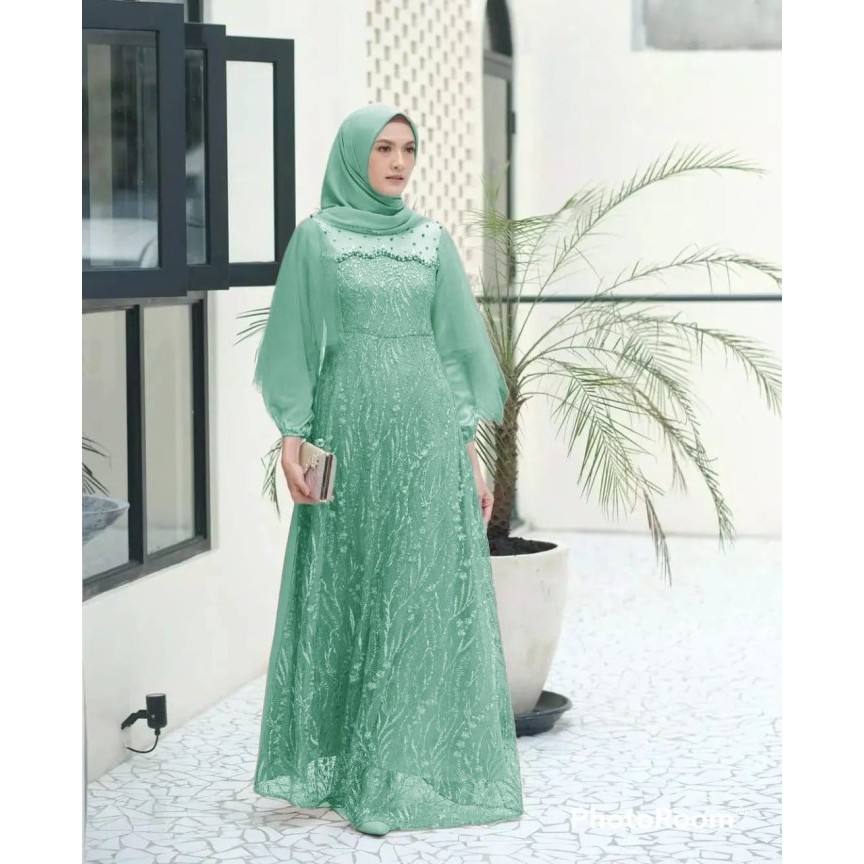 "SKY.LD" -  TERMURAH Maxi Dress Muslim Gamis Wanita Mewah Tile Bordir Baju Pesta Kondangan - Hijau w