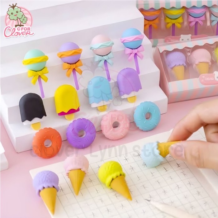 

ERASER SET ISI 4 DESSERT SERIES penghapus lucu lollipop es krim donat