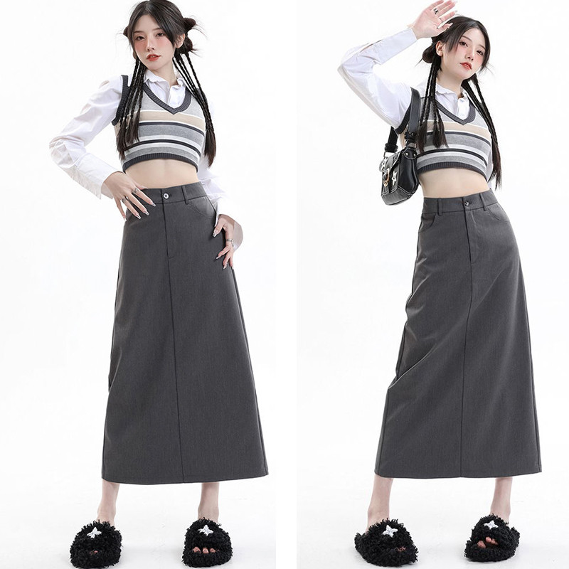 Rok Panjang Wanita Gaya Korea Pinggang Tinggi Rok Panjang Belahan Retro