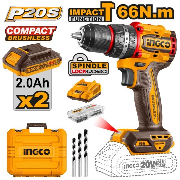 MESIN BOR IMPACT DRILL CORDLESS 20V BRUSHLESS (13mm) 66 Nm INGCO CIDLI20668-SE - Bor Tembok