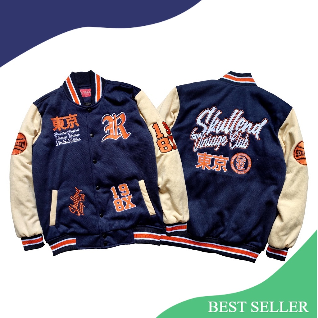 SKULLEND Varsity Jacket Bomber Baseball Sukajan Vintage Pria Wanita - Full Bordir/Grey