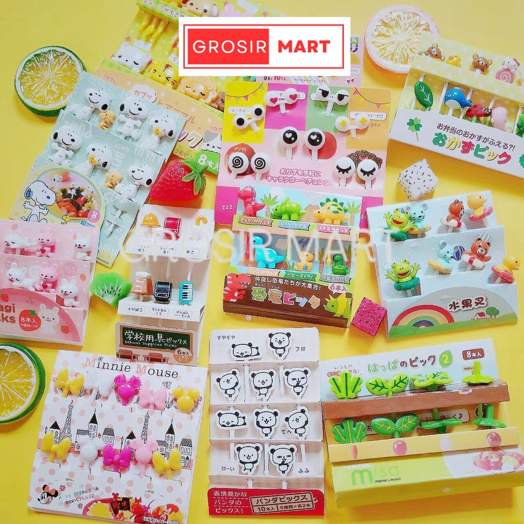 GrosirMart Tusukan Bento Karakter Gemoy Garpu Bento Buah Kue Dessert Foodpicks Dekorasi Hias Bento Motif Mata Hewan Daun Kacamata Dino Mobil Lucu Lunch Anak