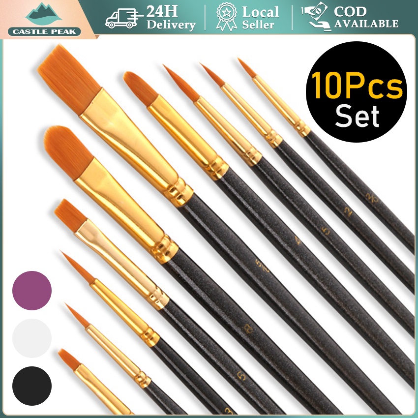

1 Set 10pcs Kuas Lukis Akrilik Bulu Nilon Cat Air/Kuas Cat Minyak/Set Kuas Lukis Lengkap Ujung Pointed Dan Flat - Artist Paint Brush