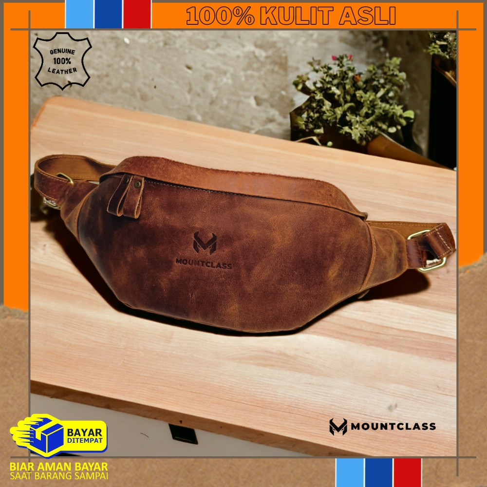 (Mountclass) Tas Selempang Pinggang Waistbag Kulit Asli Pria Cowok Waist Bag Weistbag Pria Cowok Kul