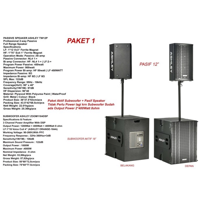 Paket 2 unit speaker pasif ASHLEY 12 inch dan 2 subwoofer aktif 18inch New