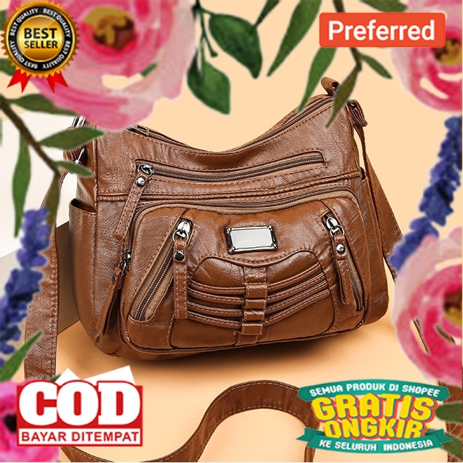 TAS SELEMPANG WANITA KULIT PREMIUM KOREA COKLAT CROWLEY TA803B7 SHOULDER BAHU SLING BAG BRANDED BATA