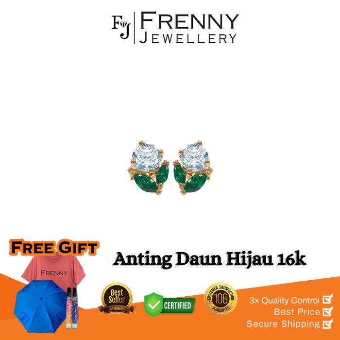 Anting Emas Yellow Gold Tusuk Daun Mata Hijau 16k Frenny Jewellery