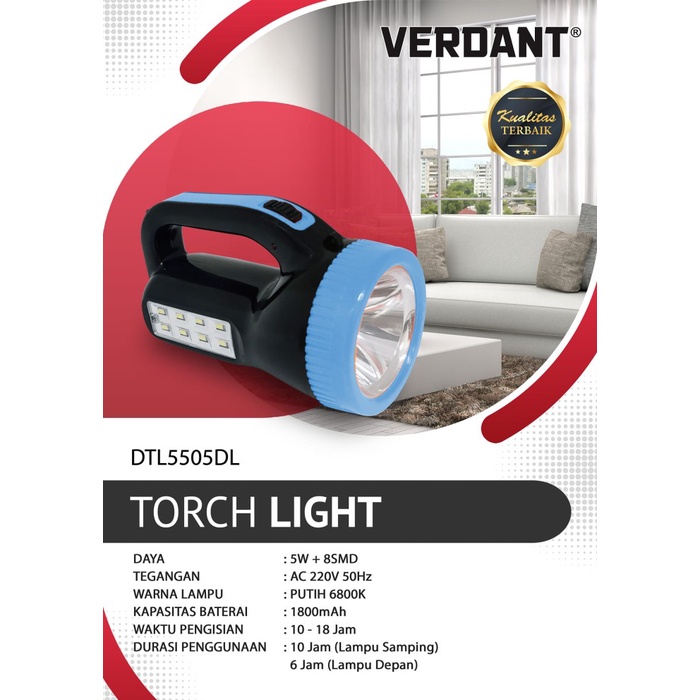 VERDANT DTL5505DL Senter Tangan Cas Besar Torch Light LED Flash Light Rechargeable Lampu Emergency