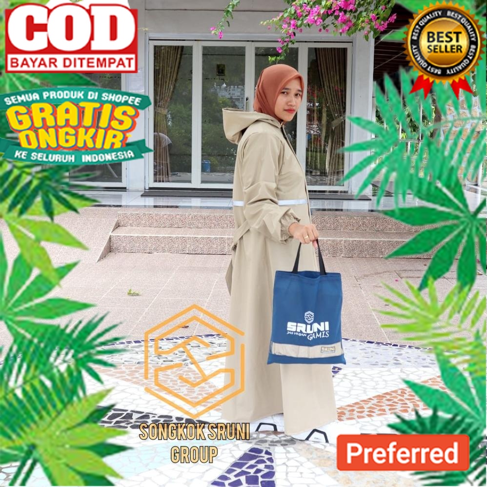 Ready Jas Hujan Gamis Wanita Muslimah Setelan Sruni Original Anti Rembes Bahan Tebal Kuat Mantel Pri
