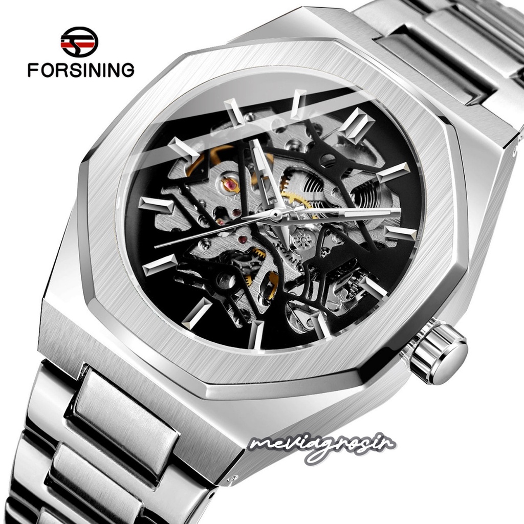 Jam Tangan Pria Mewah Original Mechanical FORSINING WATCH Automatic Strap Stainless Steel Skeleton O