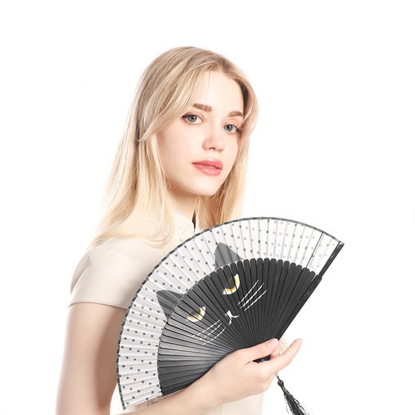 Kipas Tangan Lipat Kain Jepang Cina Motif Kucing Lucu Kado Kayu Kipas Menari