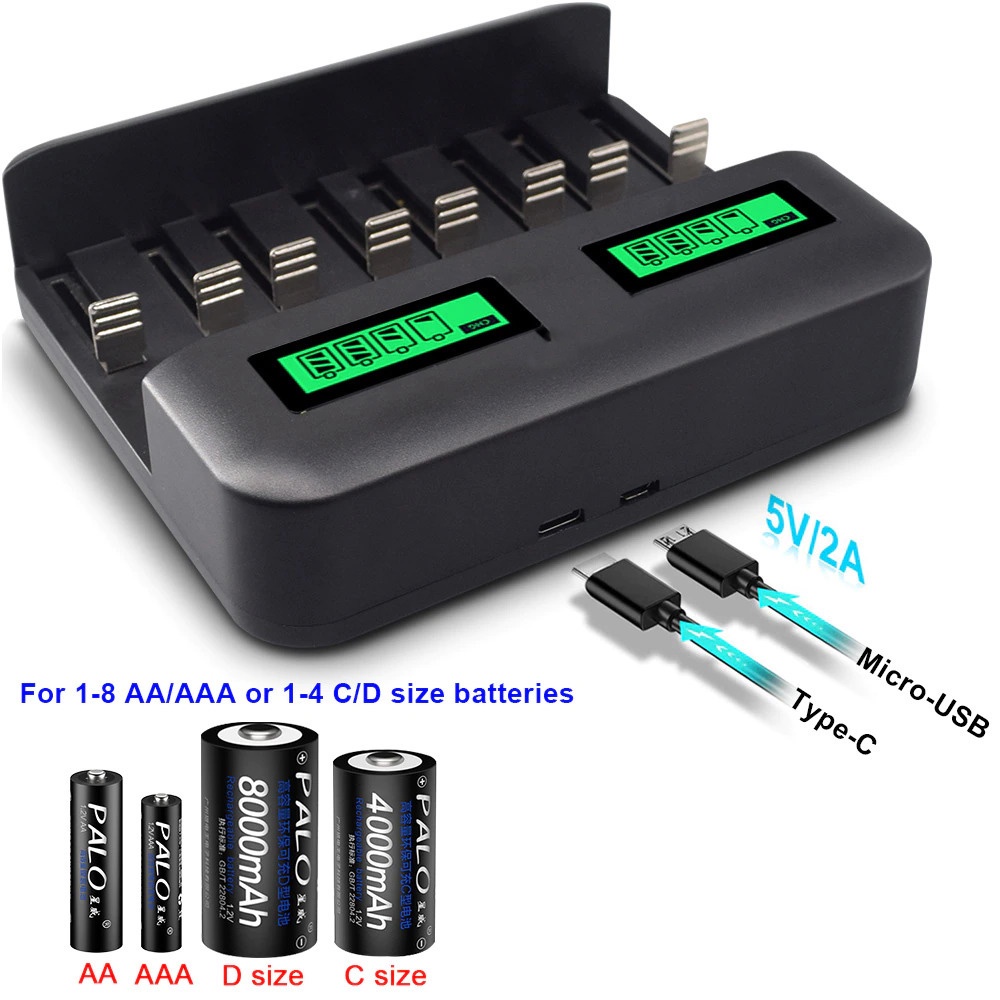 Charger Cas Baterai 8 Slot Dual LCD For AA AAA C D Dan AA AAA SC C D Memiliki Dua Layar LCD Proteksi