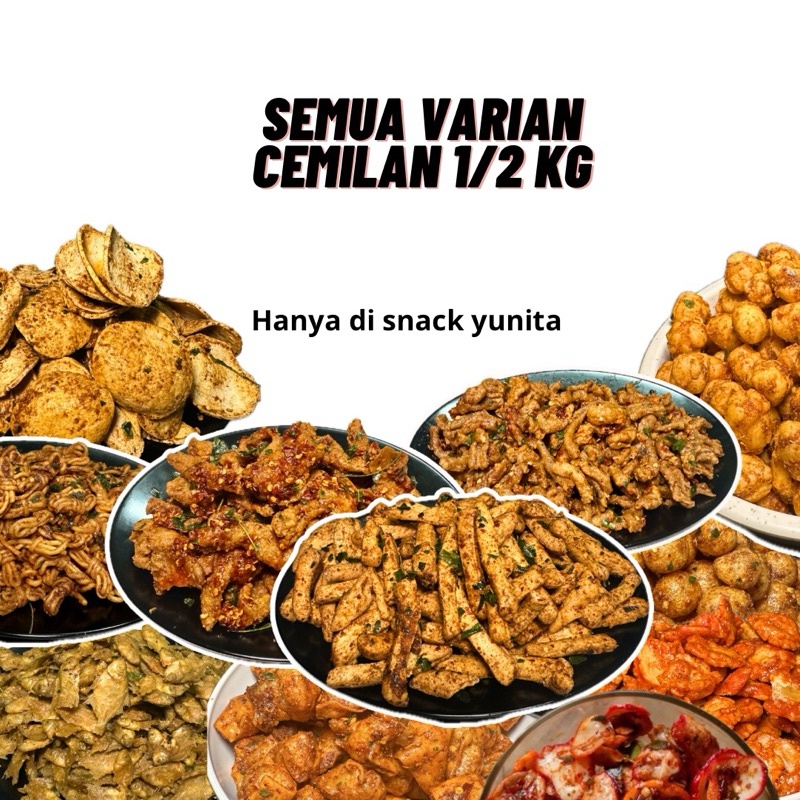 

Cemilan Pedas Semua Varian 1/2 kg Basreng Kulit ayam Usus ayam crispy Seblak Baby fish Cimol Makaroni Pilus Siomay