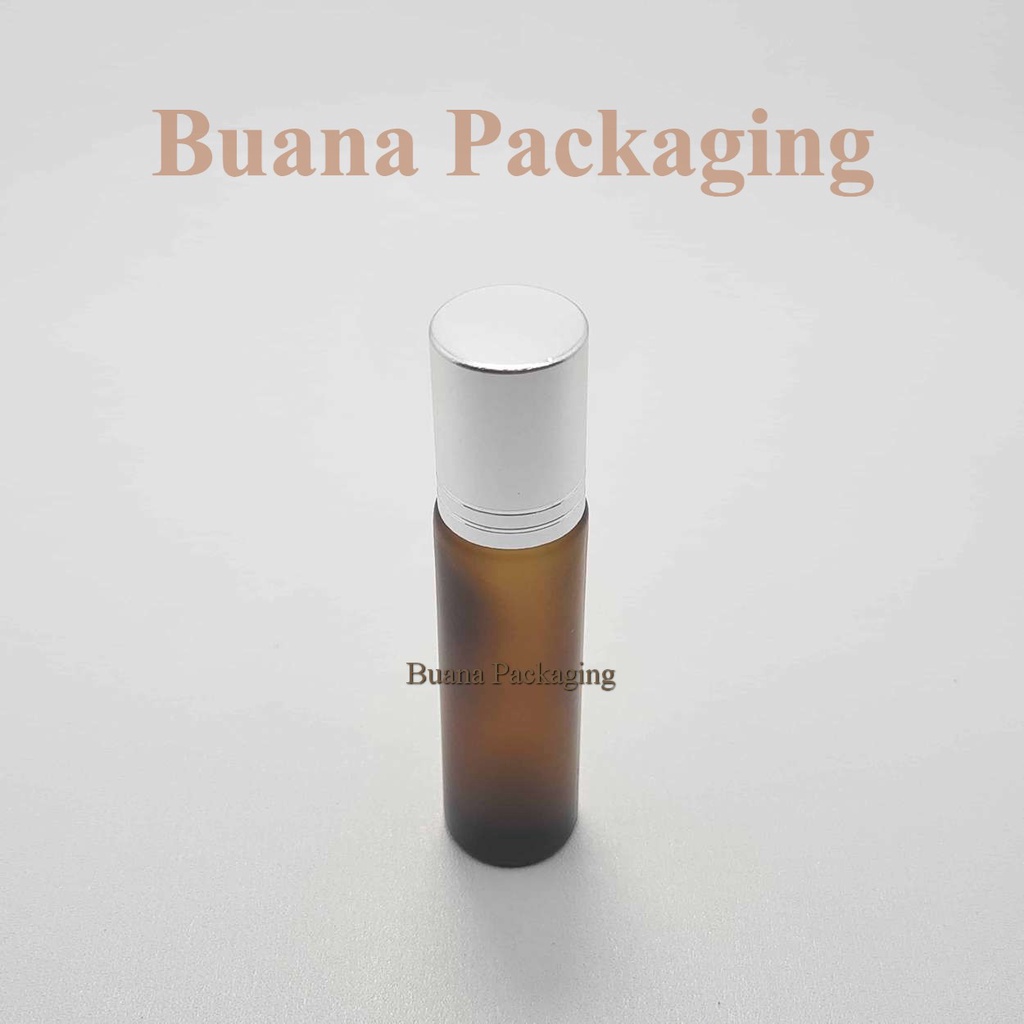 Botol Roll On 10 ml Amber Frossted Tutup Stainles Silver Shiny Garis Bola Plastik Hitam / Botol Roll On / Botol Kaca / Parfum Roll On / Botol Parfum / Botol Parfume Refill / Roll On 6 ml