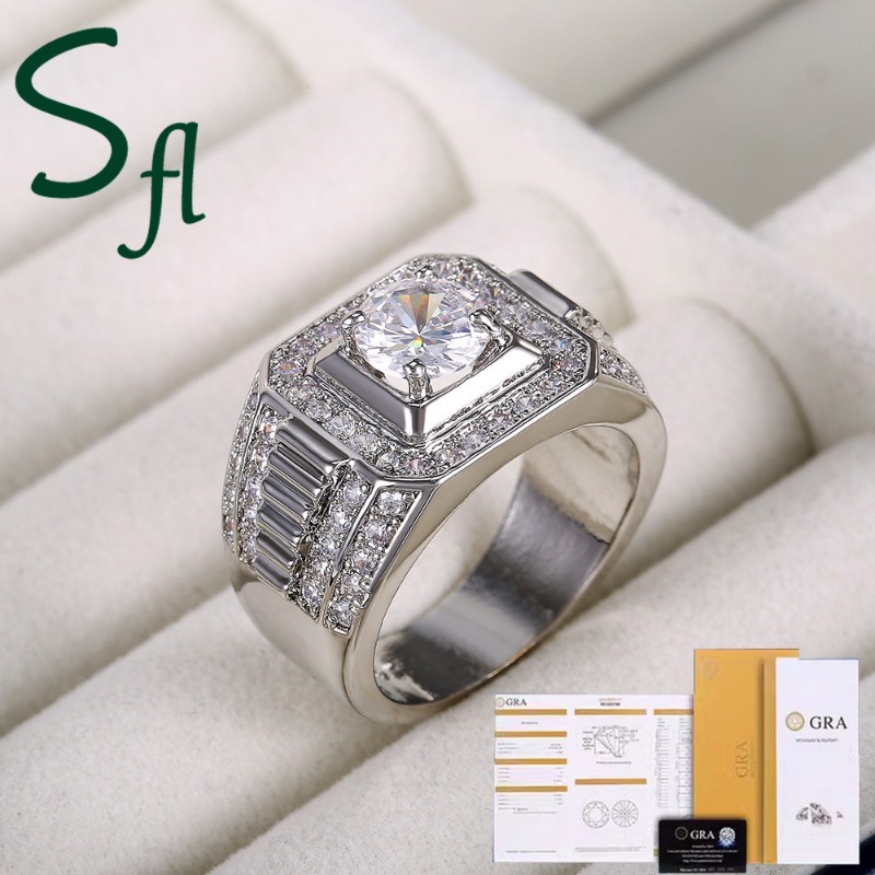 SFL S925 Cincin Platinum Moissanite Pria, Cincin Perak Tidak Mudah Pudar untuk Pria（Dengan Sertifika