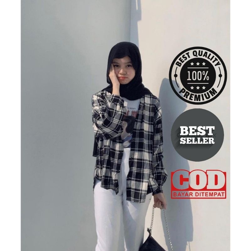 Terbaru syar'i Randoom Others kemeja flanel wanita lengan panjang  oot hijab kotak  kotak flannel ov