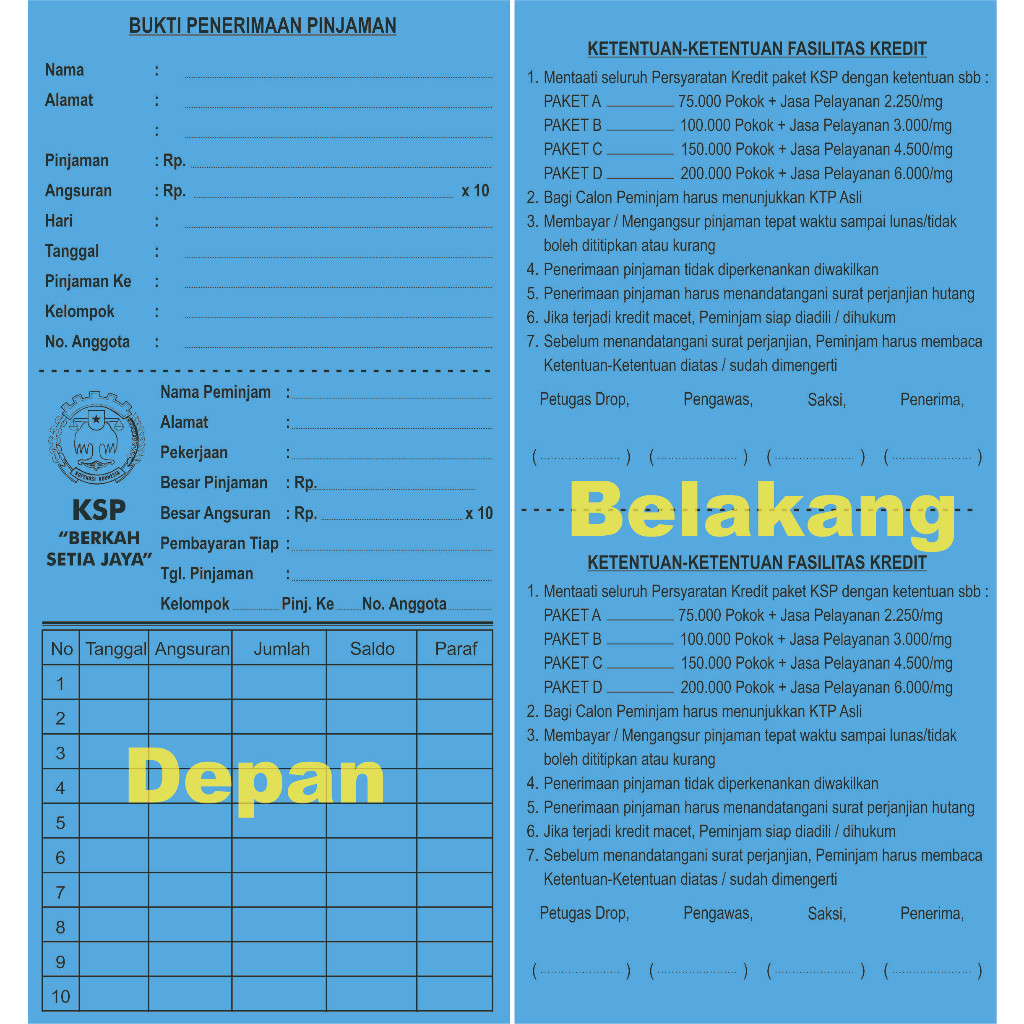 

Kartu Angsuran / Kartu Pinjaman Koperasi Mingguan dan Bulanan Custom