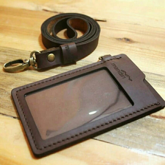 

id card kulit free cetak logo - id card holder & lanyard kulit sapi grafir nama & logo sesuai pesanan - Cokelat CH - benkai