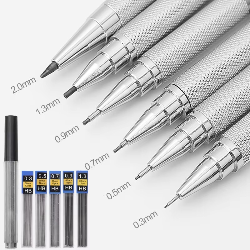 

0.3 0.5 0.7 0.9 1.3 2.0mm Drawing Pencil Set HB Art Sketch Writing Metal Mechanical Pencil with Leads School Office Stationary