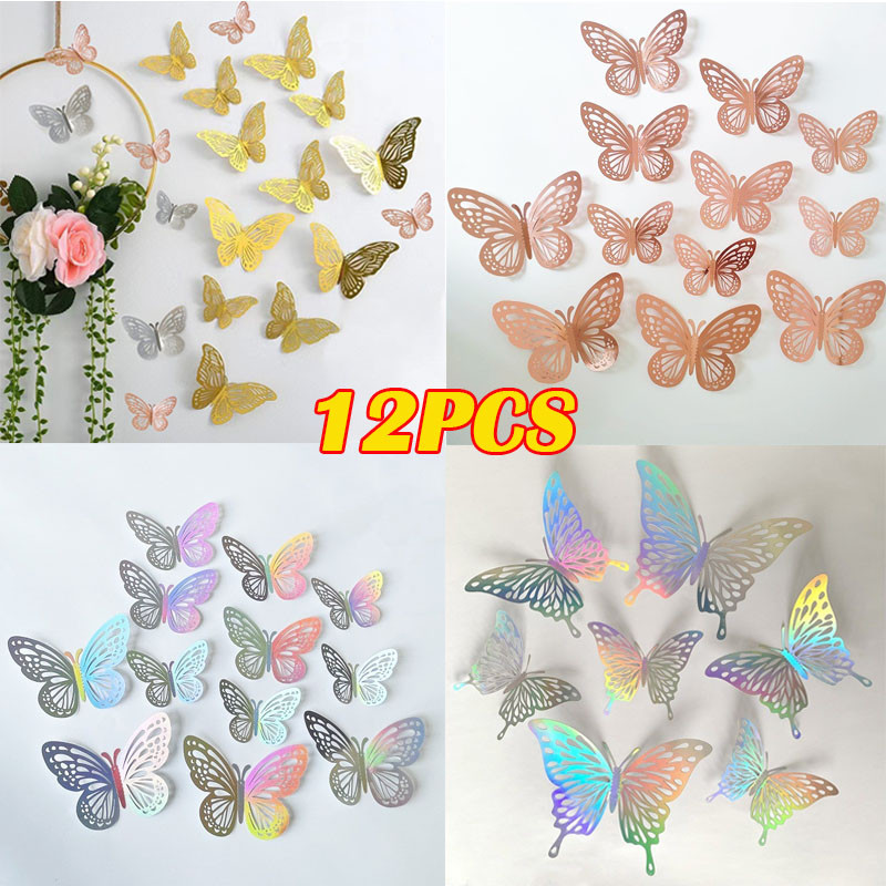 12PCS 3D menghiasi kupu-kupu di dinding tiga dimensi kamar tidur Stiker tiga dimensi laser