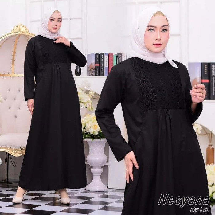 NEW -gamis umroh haji katun twill kombinasi renda - Hitam, L