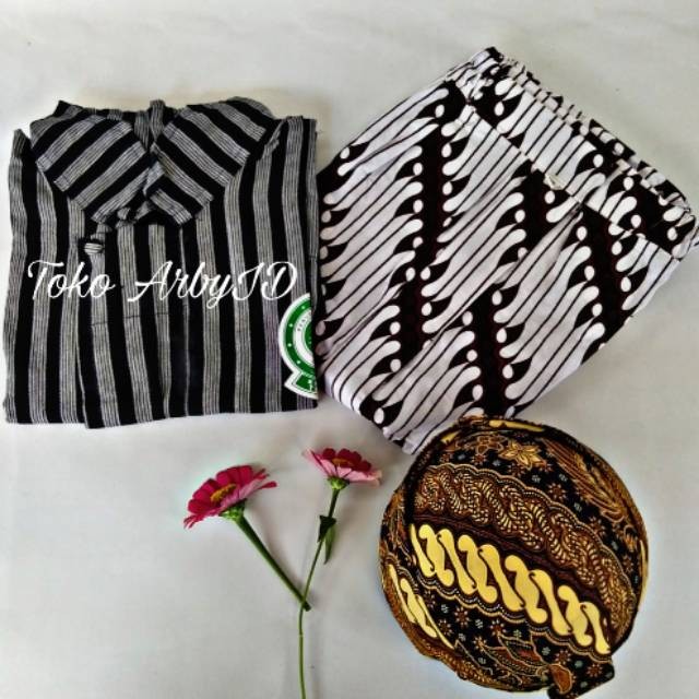 Baju Lurik Hitam Putih + Rok Jarik + Blangkon / Setelan Baju Lurik / Baju Adat Ja Lurik