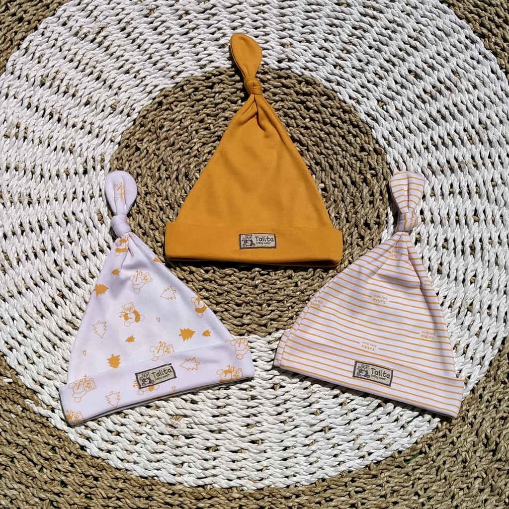 ISI 3 Pcs Topi kupluk Bayi Newborn/Ciput Bayi Baru Lahir/Pelindung Kepala Bayi Seri Warna KUNING