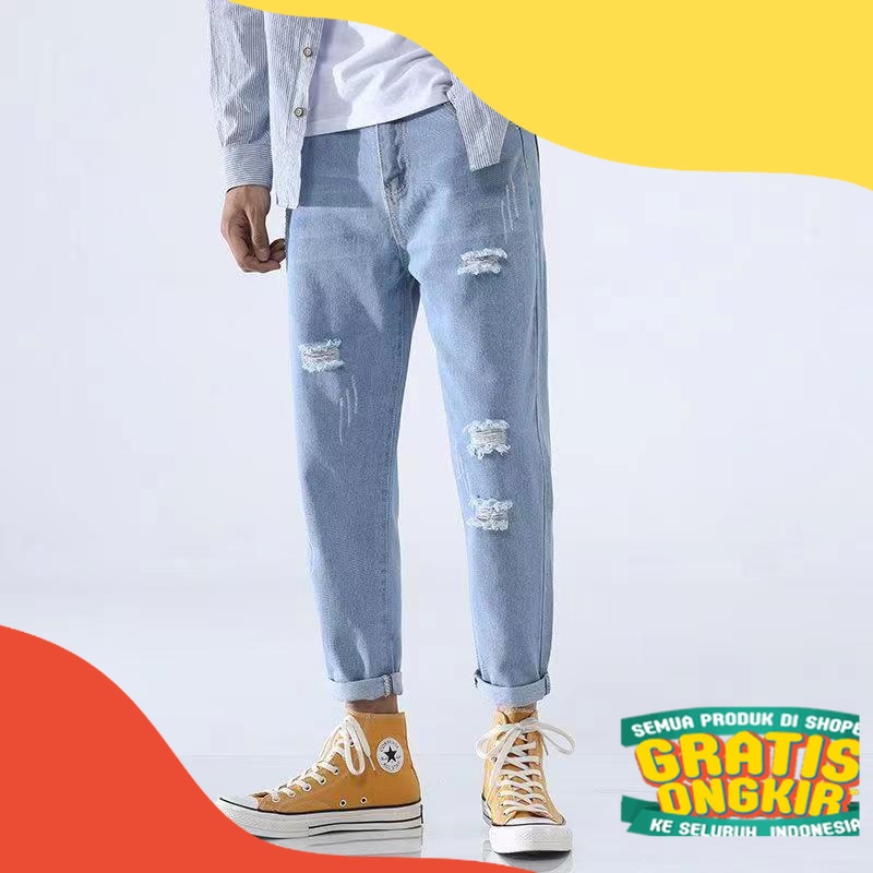 Celana jeans pria celana robek pria celana panjang pria sobek celana jeans cowok sobek jeans biru mu