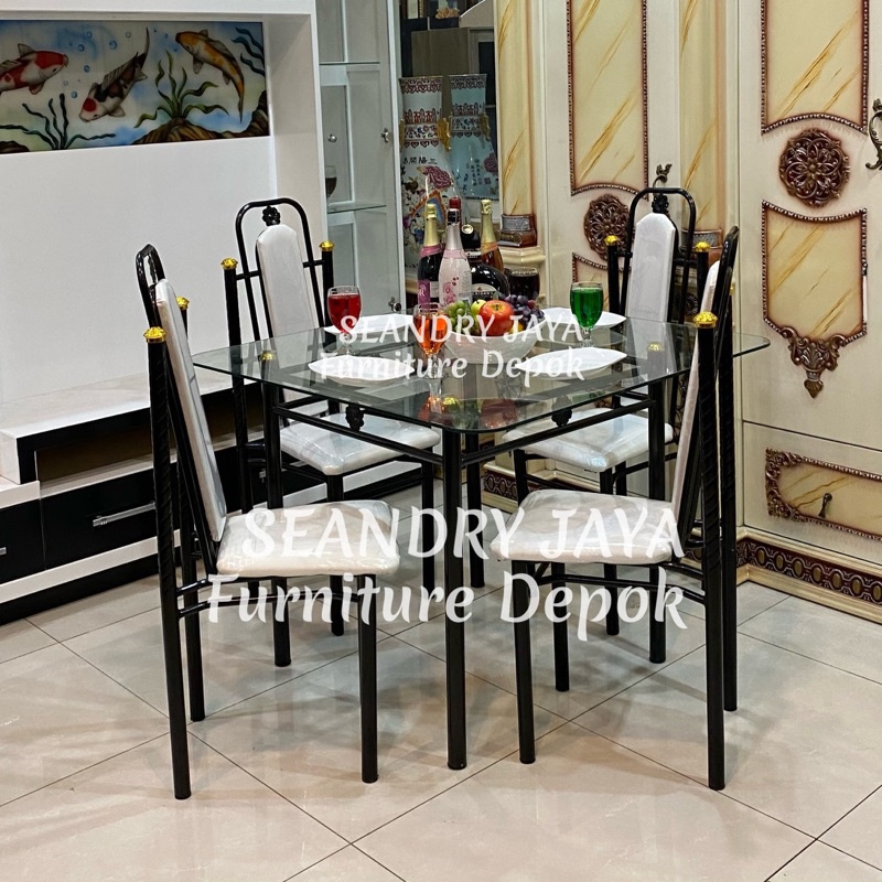MEJA MAKAN MINIMALIS 4 KURSI/BESI/KACA/PROMO MURAH/MODERN/BAGUS/KURSI MAKAN/SEANDRY JAYA FURNITURE D