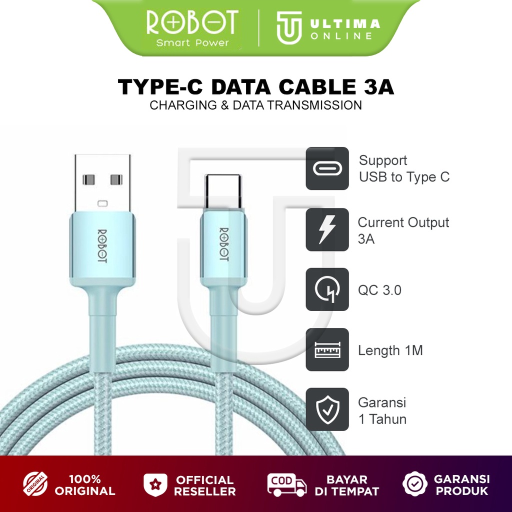 ROBOT Kabel Data Type C Charger Fast Charging RSC100 Casan USB C Tepsi Original Kabel Data Android 3