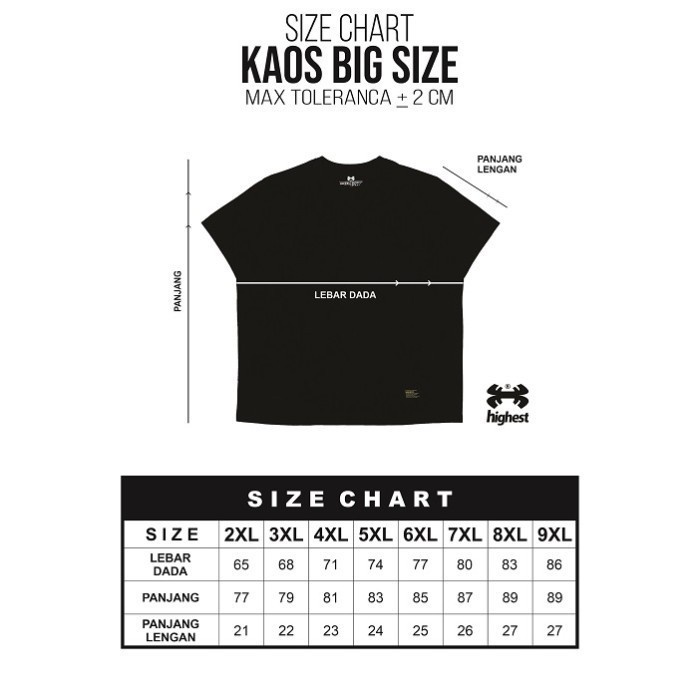 HIGHEST Kaos Lengan Pendek Pria Wanita Ukuran Big Size Jumbo Bahan Katun 30s Warna Hitam Sablon Plascharge 2XL 3XL 4XL 5XL 6XL 7XL 8X Highestworld HG309