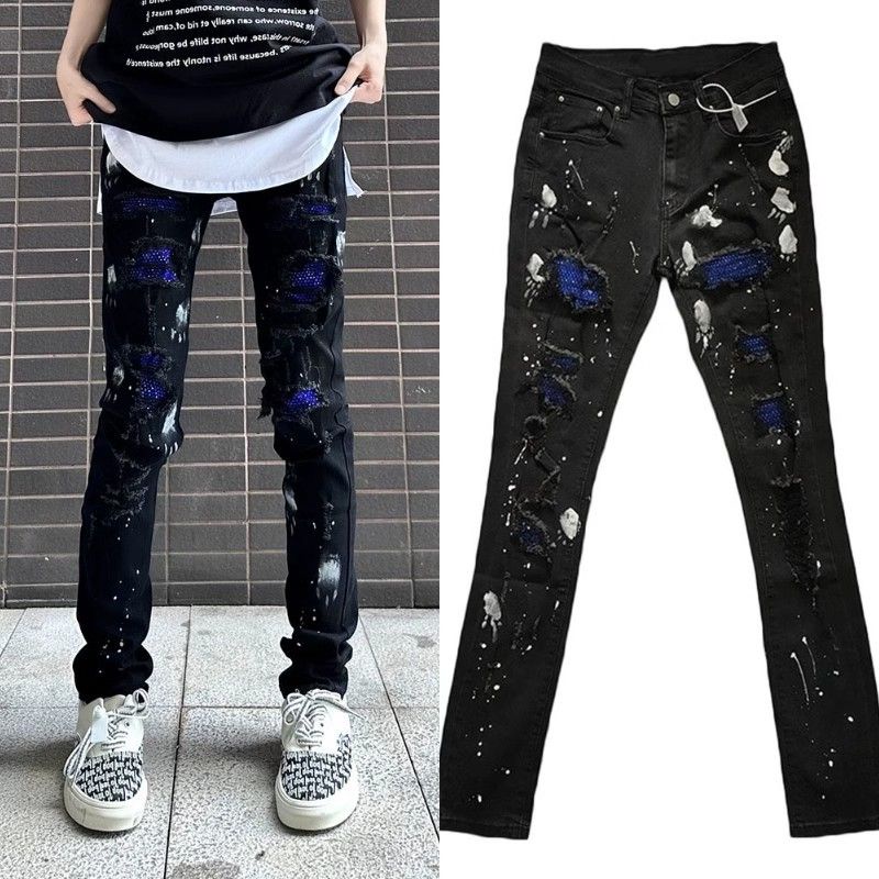 Men's Slim Fit High Elastic Blue Diamond Bottom Plate Hand-painted Speckled Ink Tear Hole Jeans