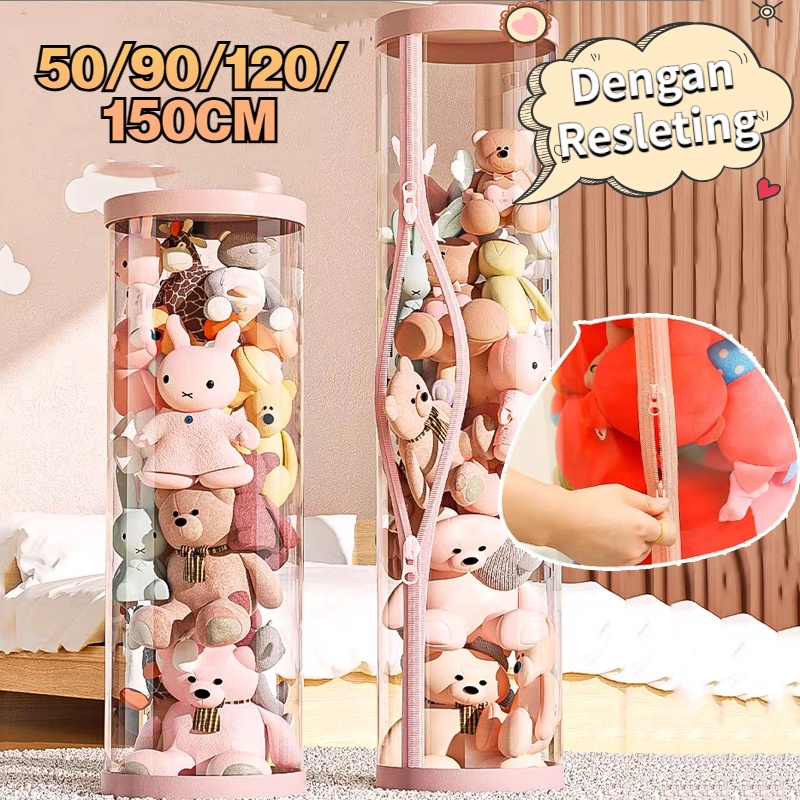 	 Doll Storage Bucket Dengan Resleting Penyelenggara Boneka Binatang Boneka Transparan Kotak Ember Penyimpanan Boneka	