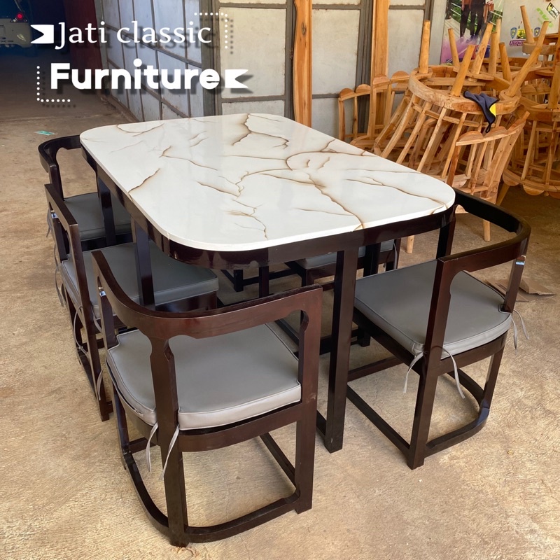 (MEJA MAKAN OVAL) kursi makan minimalis k6, finishing marmer