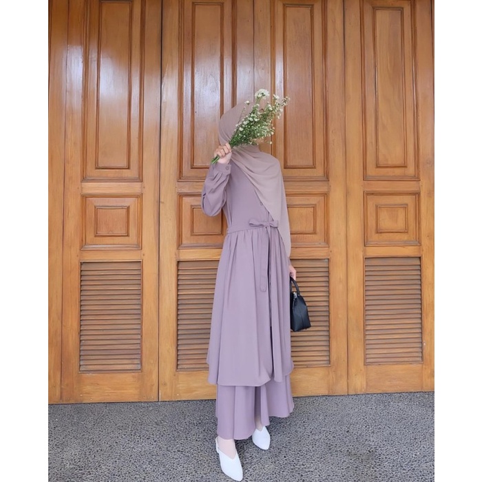 Gamis Set Outer + Rok Syari Wanita Amelia  Dress Remaja Kekinia - Abu-abu