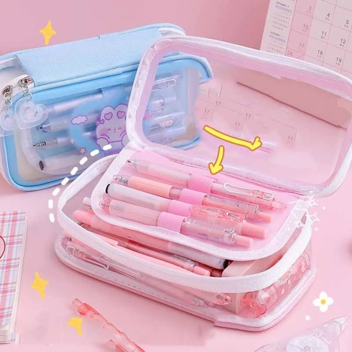 

Korea style big pencil box transparan organizer bag kotak pensil kawai - Green