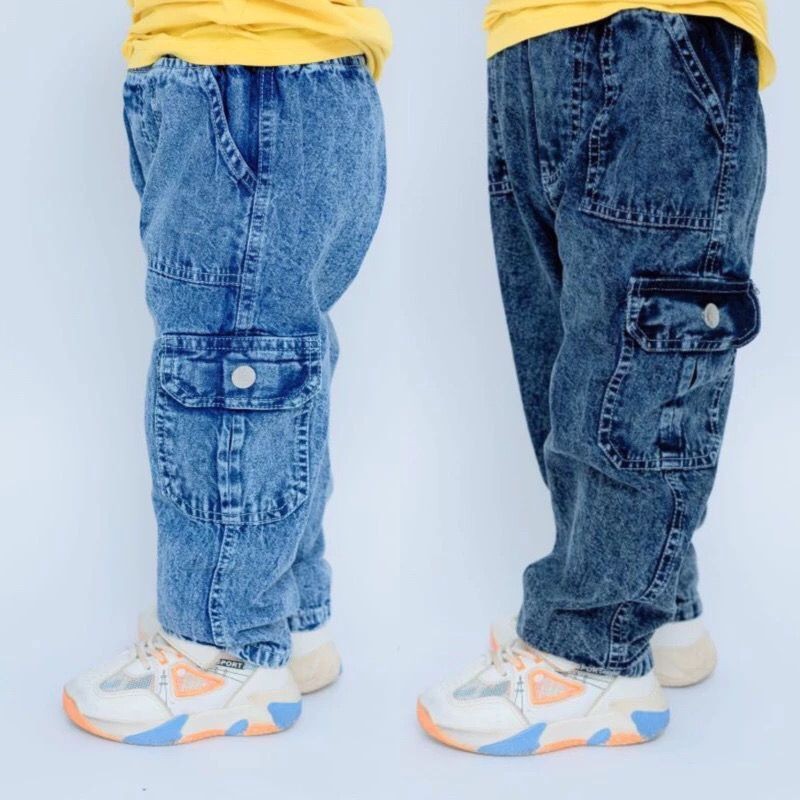 CELANA PANJANG JEANS CARGO ANAK LAKI - LAKI USIA 1 - 7 TAHUN SNOW BLUE & BLACK