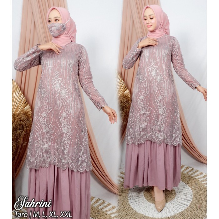 NEW -Paket Hemat : 1 Set Gamis Tile Maxy Brukat + Hijab - Gamis Brukat tutu - Coksu, M