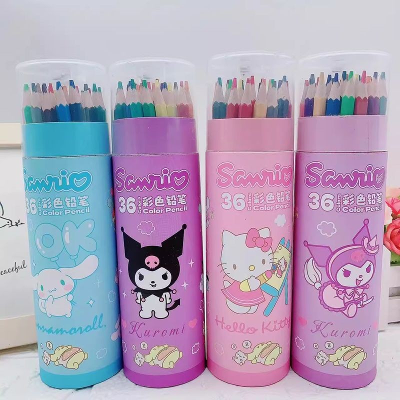 

New Sanrio 12/18/24/36colors Color Pencil Sharpener Kawai Kuromi Kt Student Painting Pen Holder Children Coloring Wooden Pencil