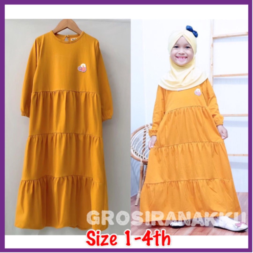 Baju Gamis Anak Perempuan Kaos  Aplikasi Bordir  Kuning Kunyit Size 1-4t Setelan Dress Anak Cewek Mu