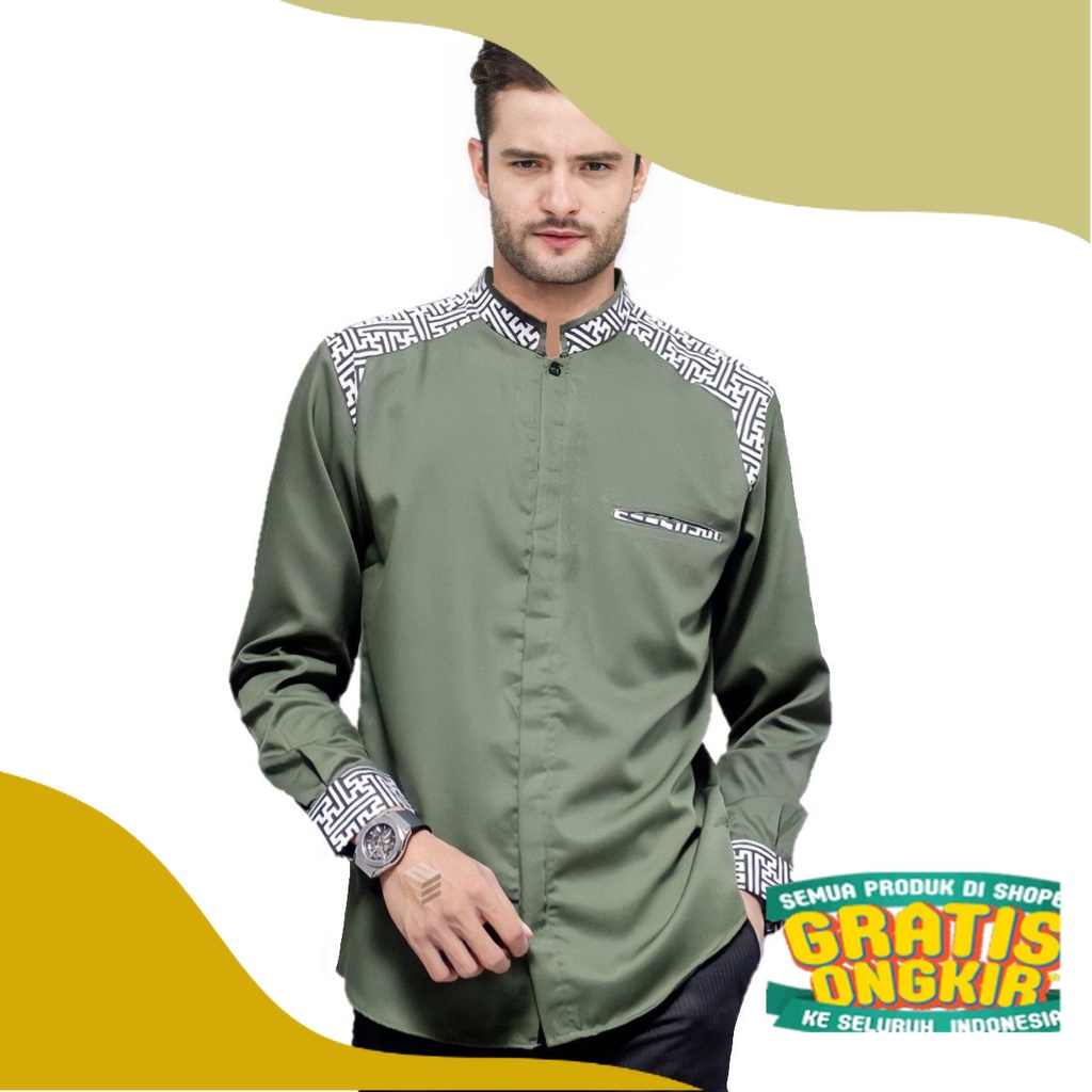 Baju Koko Pria Dewasa Lengan Panjang Warna Hijau Army Terbaru Series  - Baju Muslim - Koko Lengan Pa
