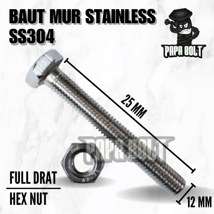 Baut Mur Hex Stainless Steel 304 12x25 / M12 x 25 Kunci 19 P1.75 FT