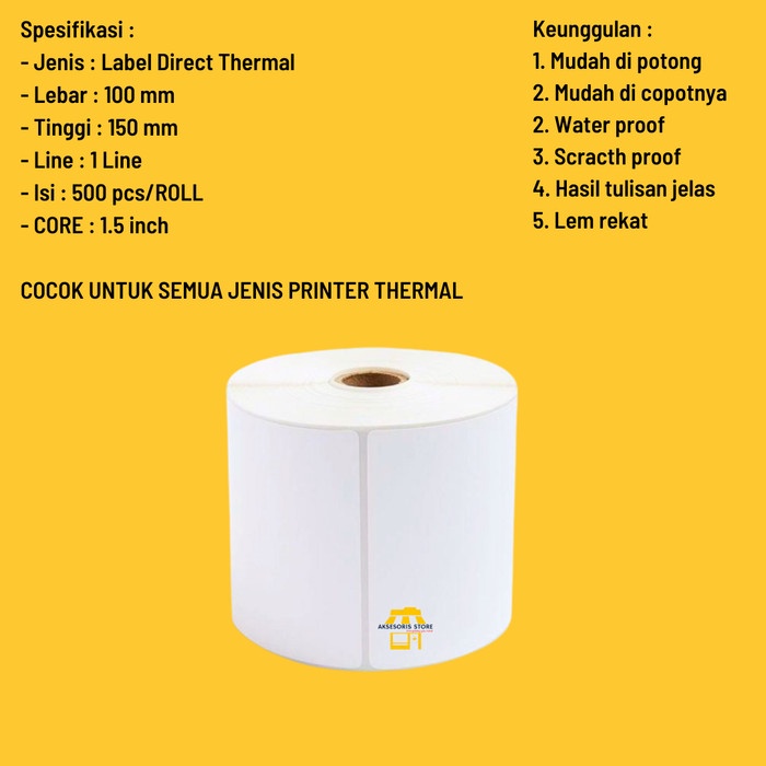

KERTAS THERMAL LABEL STICKER 100X150 BARCODE UKURAN A6 - 500-ROLL