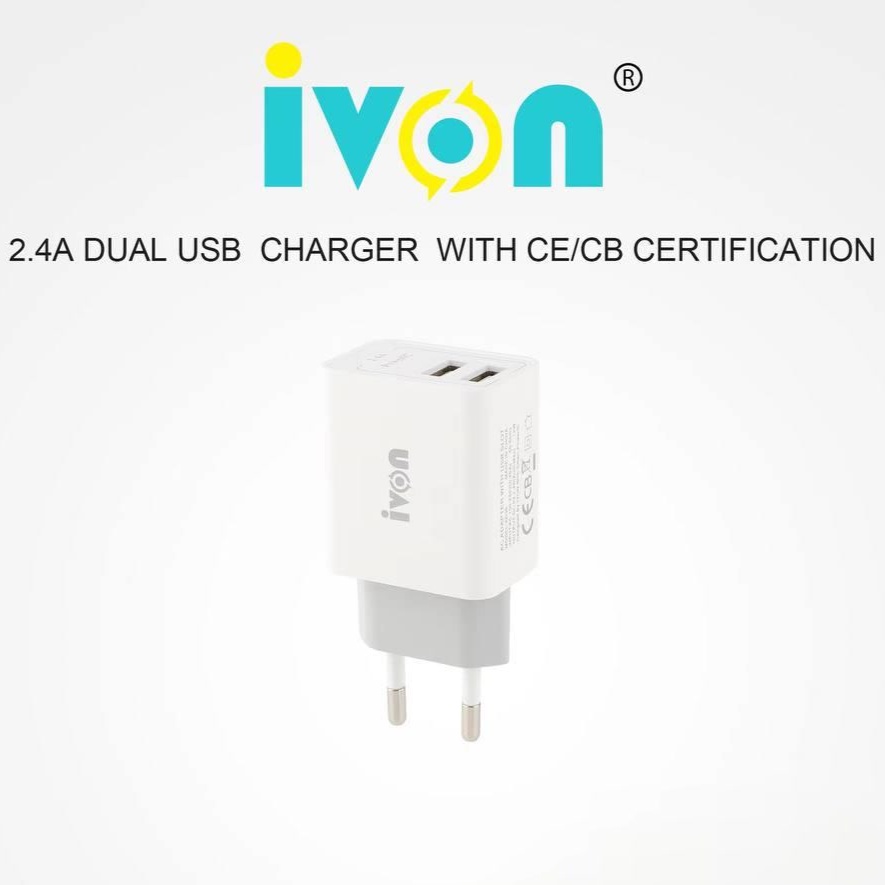 iVON Kepala / Batok Charger 2.4A Dual USB Charger EU Plug FAST CHARGER INTELLIGENT USB CHARGER