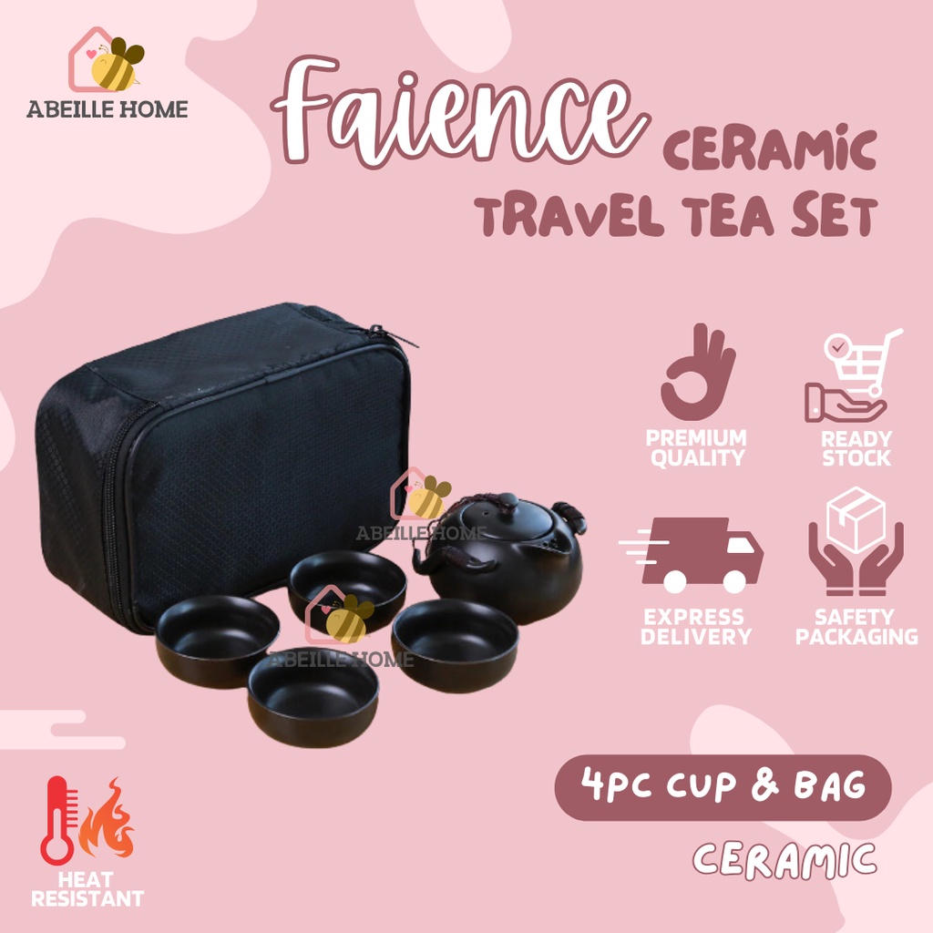 Teapot Set + 4 Gelas Keramik Set Teko Gelas Hitam FAIENCE Ceramic Travel Tea Set
