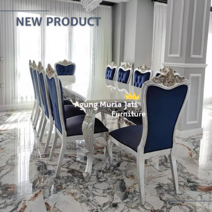 Meja Makan Putih Klasik Mewah 8 Kursi