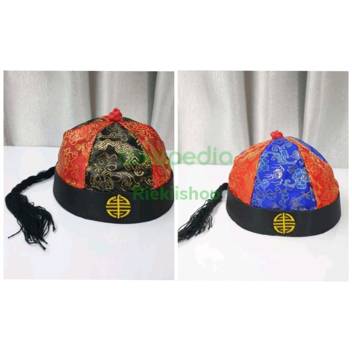 Topi imlek topi china pria dewasa anak bahan satin - Merah Hitam, 7